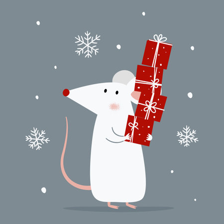 A cute mouse wearing a Santa Claus hat is holding a gift box, surrounded by snow and a gray background. Flat vector illustration. . Vector illustrationのイラスト素材