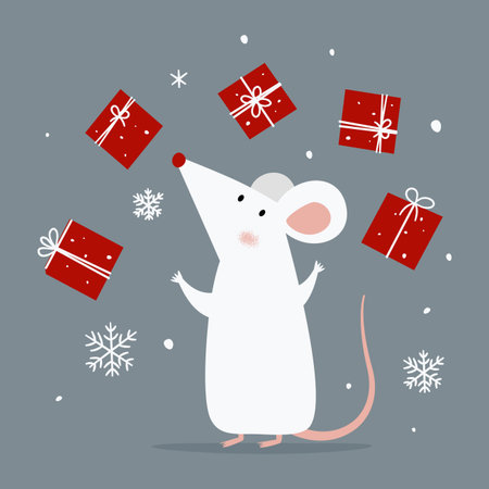 A cute mouse wearing a Santa Claus hat is holding a gift box, surrounded by snow and a gray background. Flat vector illustration. . Vector illustrationのイラスト素材