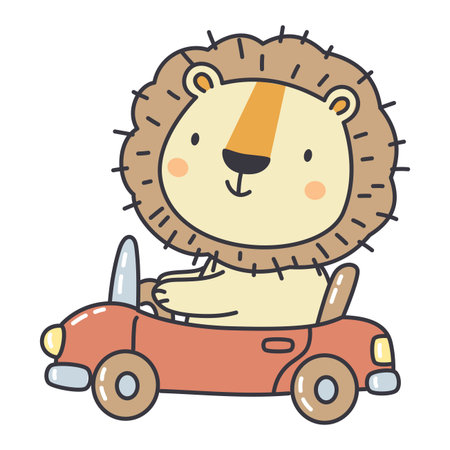 Cute lion riding a toy car, vector illustration in a simple childrens style on a white background . Vector illustrationのイラスト素材