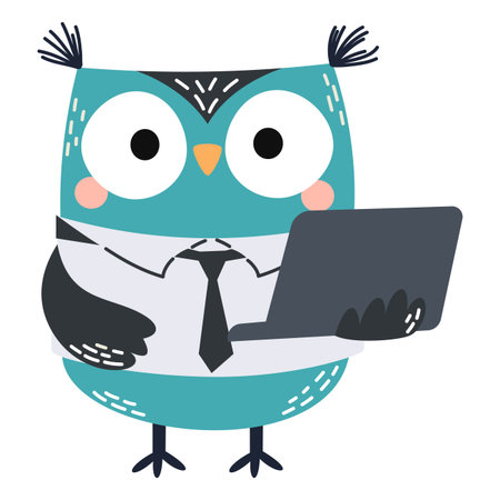 A cute owl wearing a tie is working on a laptop. Vector illustration in a simple childrens style on a white background. . Vector illustrationのイラスト素材