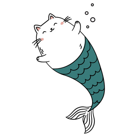 Cute fat mermaid cat. Vector illustration in a simple childrens style on a white background. . Vector illustrationのイラスト素材