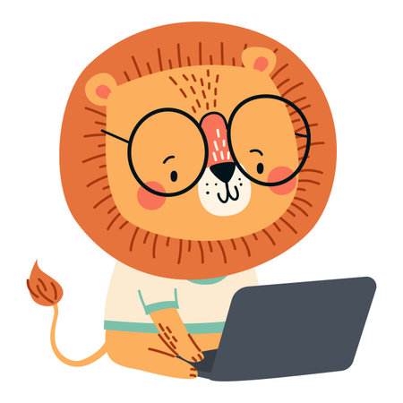 A cute lion wearing glasses is working on a laptop. Vector illustration in a simple childrens style on a white background. . Vector illustrationのイラスト素材