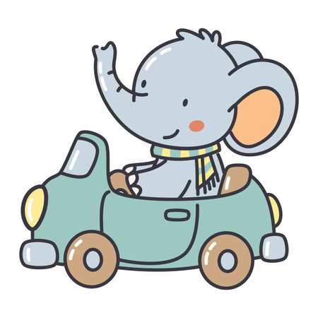 Cute elephant riding a toy car, vector illustration in a simple childrens style on a white background . Vector illustrationのイラスト素材