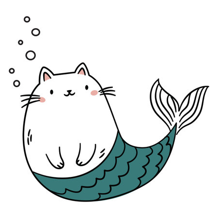 Cute fat mermaid cat. Vector illustration in a simple childrens style on a white background. . Vector illustrationのイラスト素材