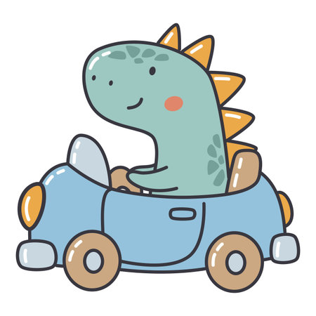 Cute dino riding a toy car, vector illustration in a simple childrens style on a white background . Vector illustrationのイラスト素材