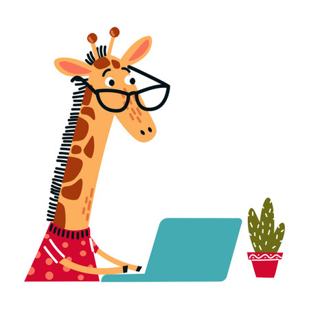 A cute giraffe wearing glasses is working on a laptop. Vector illustration in a simple childrens style on a white background. . Vector illustrationのイラスト素材