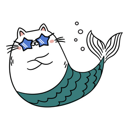 A cute fat cat mermaid wearing cool star-shaped sunglasses. Vector illustration in a simple childrens style on a white background. . Vector illustrationのイラスト素材