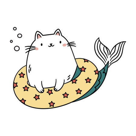 Cute fat cat mermaid in an inflatable swimming ring. Vector illustration in a simple childrens style on a white background. . Vector illustrationのイラスト素材