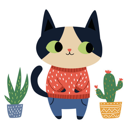 A cute cat wearing human clothes, sweaters, and jeans. Cozy illustrations with houseplants and cacti. Vector illustrations on a white background. . Vector illustrationのイラスト素材