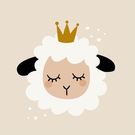 Cute illustration of a sheeps face wearing a crown, beige background. Flat vector illustration. . Vector illustrationのイラスト素材