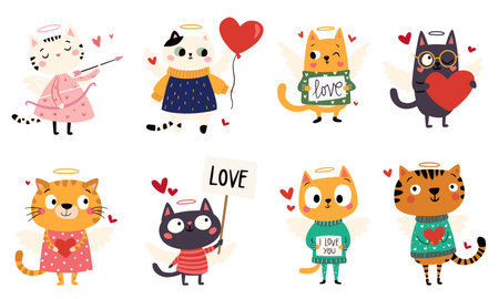 A set of cute vector illustrations in a simple childrens style. Cute angelic cupid cats in cute clothes with bows and arrows and signs in their paws. Vector illustrationのイラスト素材