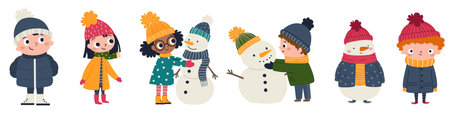 Cute children in winter clothes building snowmen, boys and girls. A set of flat vector illustrations. . Vector illustrationのイラスト素材