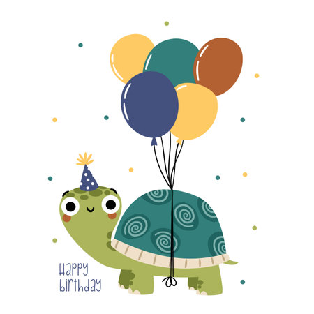 A cute turtle wearing a birthday hat and holding balloons, with a Happy Birthday inscription. Flat vector illustration, birthday card. . Vector illustrationのイラスト素材