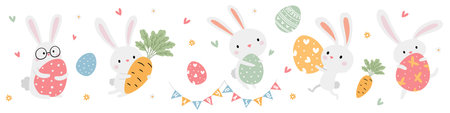 Cute rabbits carrying Easter eggs, Happy Easter inscription on flags, flowers, and eggs. A set of flat vector illustrations. . Vector illustrationのイラスト素材