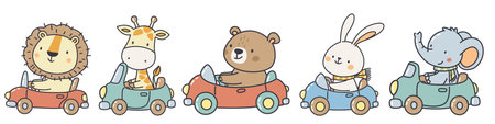 Cute animals riding in cars: a lion, a rabbit, a giraffe, an elephant, a bear. Cute vector illustrations with outlines on a white background. . Vector illustrationのイラスト素材