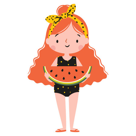 A cute girl in a swimsuit is holding a slice of watermelon. Flat vector illustration in a simple childrens style. . Vector illustrationのイラスト素材