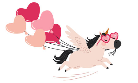 A cute unicorn pegasus wearing heart-shaped sunglasses runs while holding heart-shaped balloons. Cute vector illustration for Valentines Day. Vector illustrationのイラスト素材