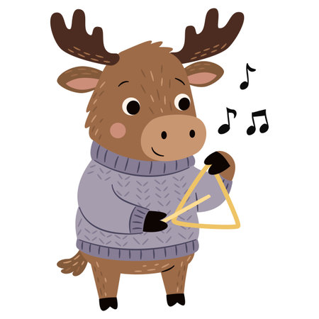 A cute moose in a sweater plays the triangle. Flat vector illustration in a simple childrens style. . Vector illustrationのイラスト素材