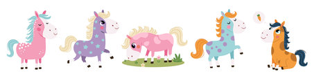 A set of vector illustrations in a cute childrens style. Cute horses of different bright colors in different poses. Vector illustrationのイラスト素材