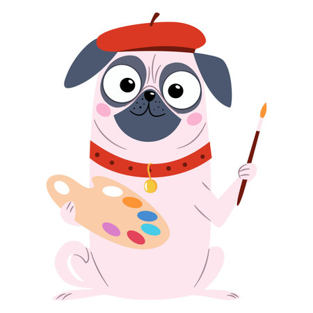 A cute pug wearing a beret is sitting there holding a paint palette and a brush an artist dog. A flat vector illustration in a simple, child-friendly style . Vector illustrationのイラスト素材