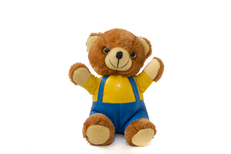 Soft toy bear isolated on white background. Kids toys. Children's toys on a white backgroundの写真素材