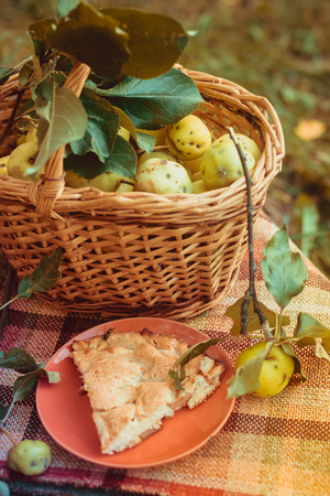 Basket with apples and charlotte from apples. Autumn harvesting. Collected homemade apples in the basket. Healthy foodの写真素材