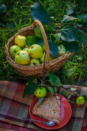 Basket with apples and charlotte from apples. Autumn harvesting. Collected homemade apples in the basket. Healthy foodの写真素材