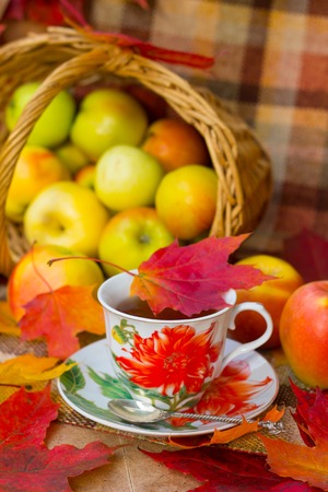 A cup of tea and apples with maple leaves. Autumn tea party, autumn mood, seasonal postcard.の写真素材