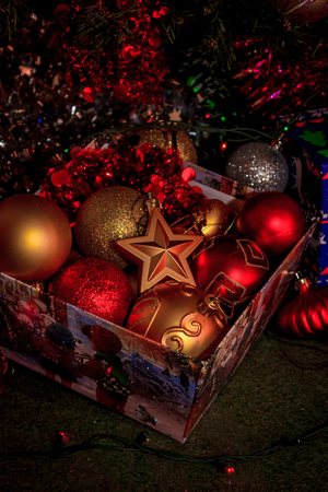 Closeup of bauble from a decorated Christmas tree. Retro filter effect.の写真素材