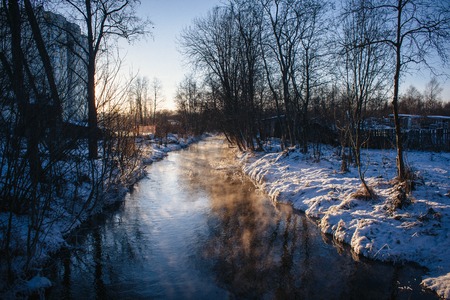 Winter park landscape with a river. Russian landscapes. Winter season, cold season. Snow picture