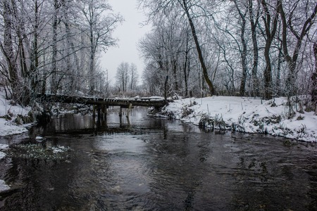 Winter park landscape with a river. Russian landscapes. Winter season, cold season. Snow pictureの写真素材