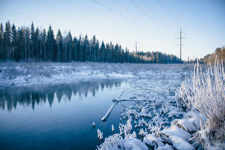 Winter park landscape with a river. Russian landscapes. Winter season, cold season. Snow pictureの写真素材