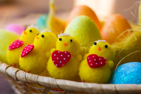 Little toy Easter chickens.の写真素材