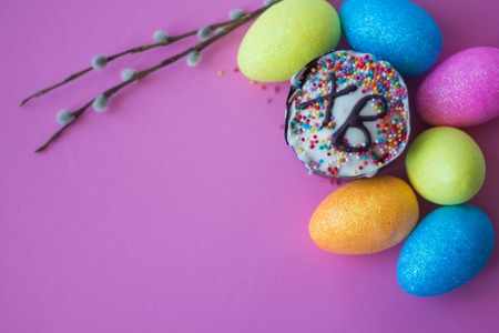 Easter card. Easter cake and painted eggs. Orthodox holiday. Culture and religion.の写真素材