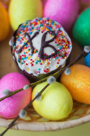 Easter card. Easter cake and painted eggs. Orthodox holiday. Culture and religion.
