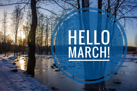 banner Hello March.Greeting card. The beginning of the new season. Spring cameの写真素材