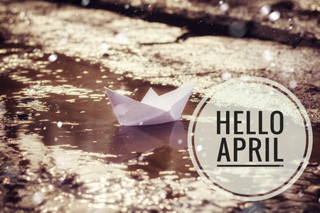 Banner Hello April. Welcome month of spring. Hello April. Welcome cardの写真素材