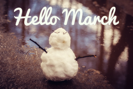 Banner hello march. Greetings of spring. We are waiting for spring. Hello march. Greetingの写真素材