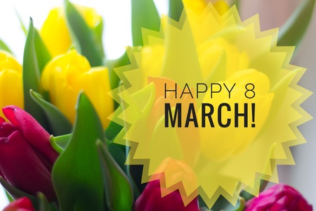 Postcard Happy March 8. Greeting card for the holiday. International Women's Day. Holiday for girls. March 8の写真素材