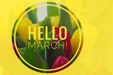 greeting card hello march Welcome card the beginning of spring. Greetings to the spring.の写真素材