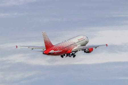 The plane of the airline Russia at Pulkovo airport, St. Petersburg, Russia. Official summer spotting in Pulkovo, August 15, 2018.のeditorial素材