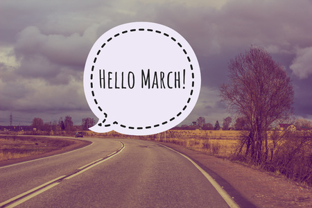 Banner hello march. Greetings of spring. We are waiting for spring. Hello marchの写真素材