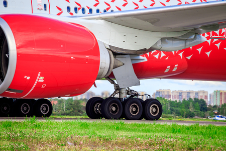 The plane at the airport is moving. Boeing 777-300 airlines Russia. Official summer spotting at Pulkovo August 15, 2018, Russia, St. Petersburgのeditorial素材
