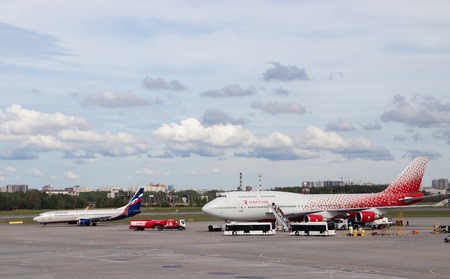 Airplane at the airport. Boeing 747 Russia. Official summer spotting at Pulkovo Airport on August 15, 2018, Russia, St. Petersburg, Pulkovoのeditorial素材