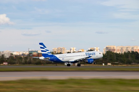 The plane takes off. Ellinair CX-EMY. Official summer spotting at Pulkovo Airport on August 15, 2018, Russia, St. Petersburg, Pulkovoのeditorial素材
