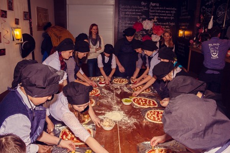 Cooking pizza. Pizza master class in a cafe on December 19, 2017, Gatchina, Leningrad region, Russia. Cookingのeditorial素材