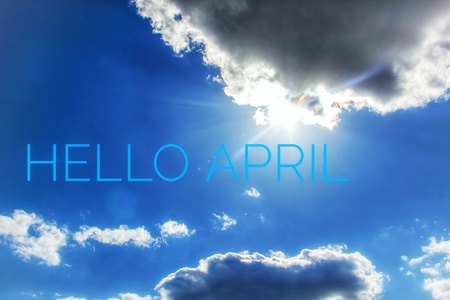 Banner hello april. Hi spring. Hello April. Welcome card We are waiting for the new spring month. Spring month. The second month of spring.の写真素材
