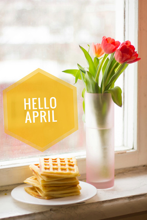 Banner hello april. Hi spring. Hello April. Welcome card We are waiting for the new spring month. Spring month. The second month of spring.の写真素材