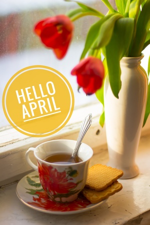 Banner hello april. Hi spring. Hello April. Welcome card We are waiting for the new spring month. Spring month. The second month of spring.の写真素材