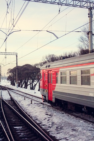 Train on the platform. Electric train on the railway. Russian railway. Platform Preportovaya,...